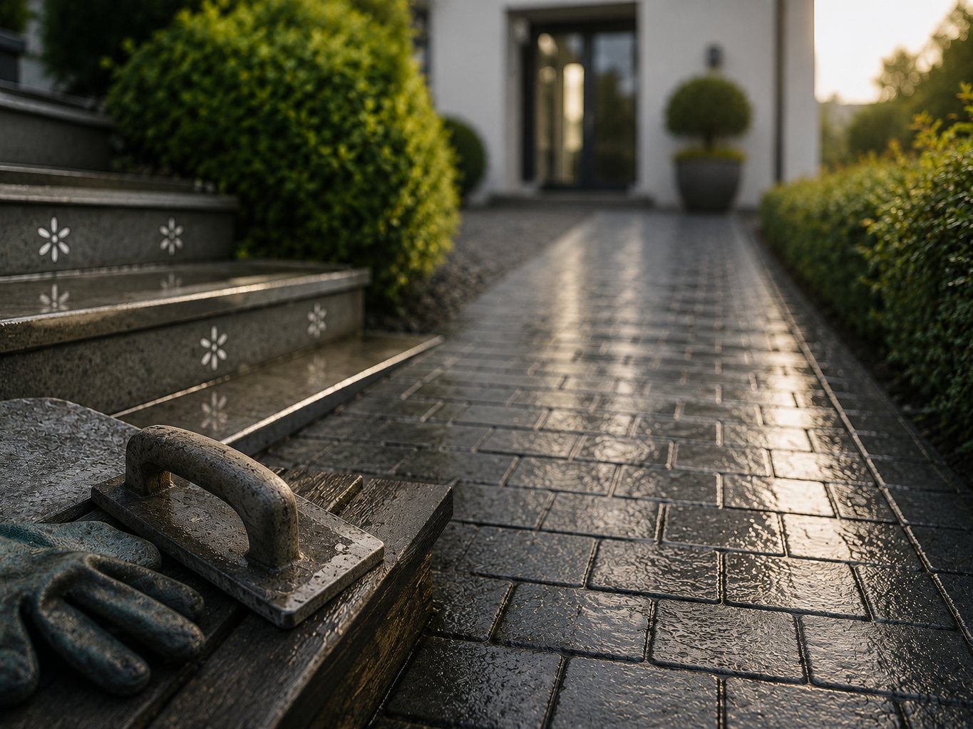 Frisch gereinigte Außentreppe und Gehweg vor einem Wohnhaus